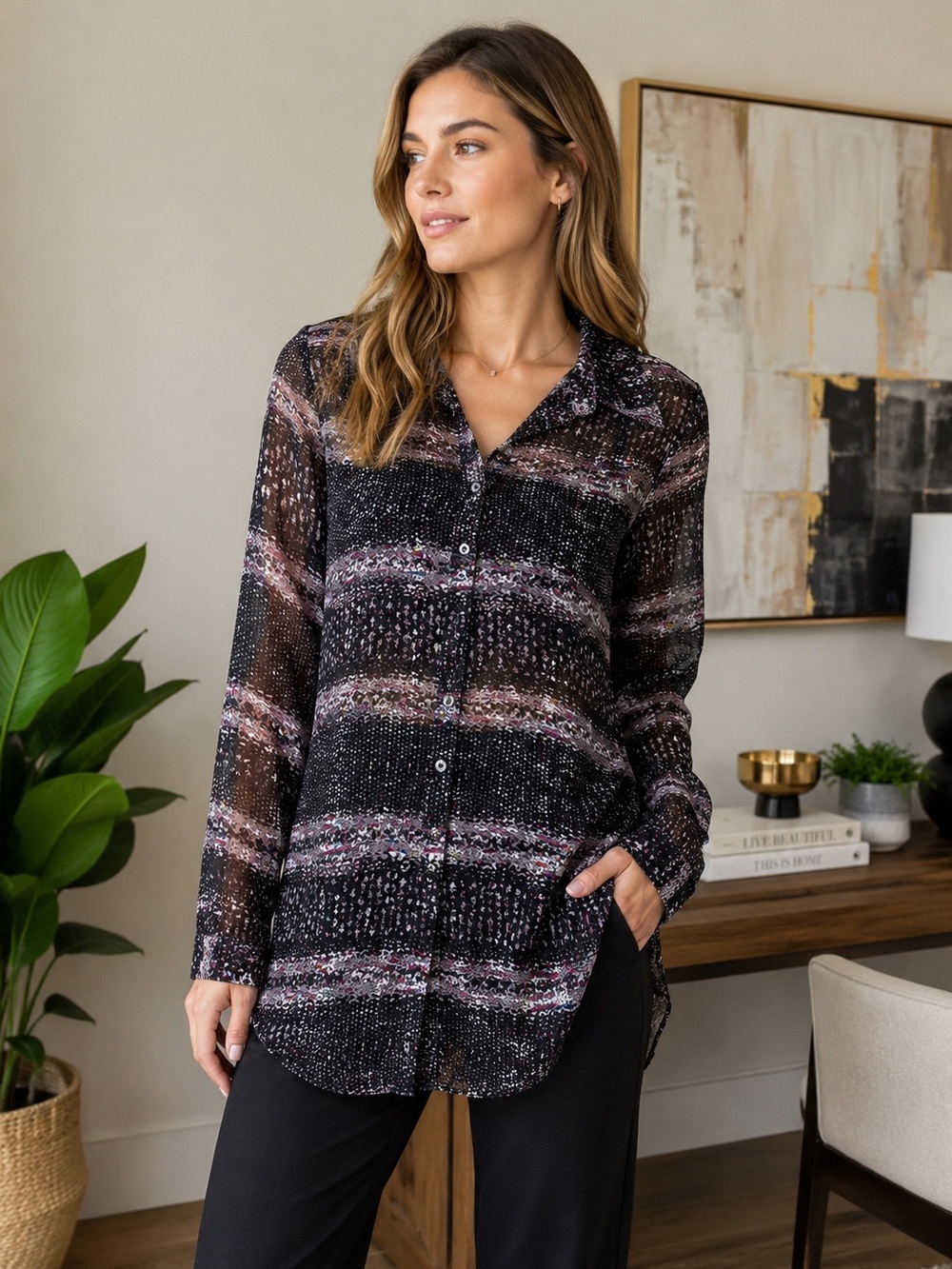 Cabi Large Semi Sheer Button Front Blouse Black Abstract Print Long Sleeve Top